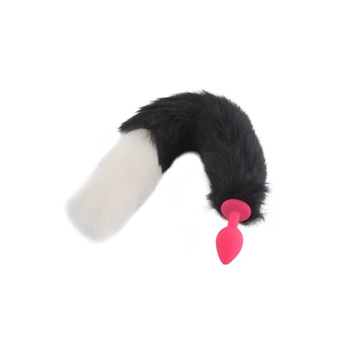 18 Black With White Fox Tail Plug Silicone Lovegasm Anal