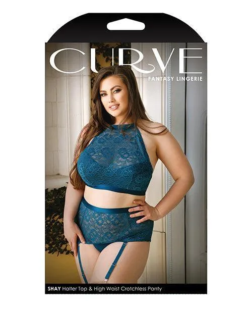 Vibrators Fantasy Lingerie Curve Shay Lace Halter Bra Top High Waist Crotchless Panty Wremovable Garters Teal Vibrators Fantasy Lingerie Curve Shay Lace Halter Bra Top High Waist Crotchless Panty Wremovable Garters Teal