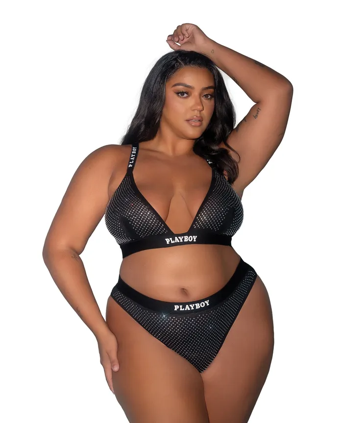 Anal Playboy By Roma Playboy Disco Fever Rhinestone Bralette wThong 2 pc Set Black 1X Anal Playboy By Roma Playboy Disco Fever Rhinestone Bralette wThong 2 pc Set Black 1X