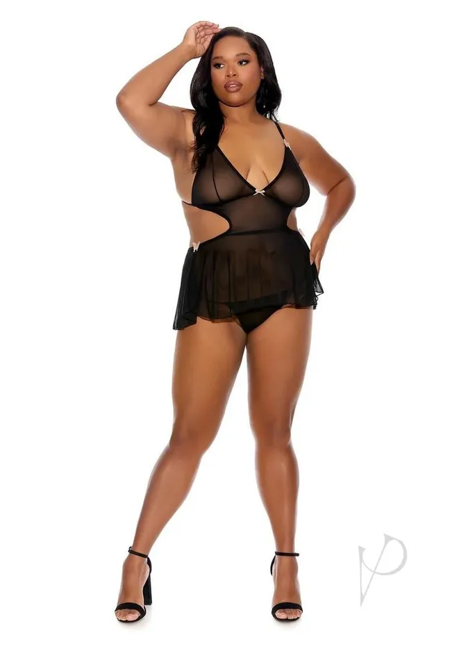 Barely Bare TieBack Baby Doll Teddy and Thong Plus Size Black Barely Bare Teddies And Bodies