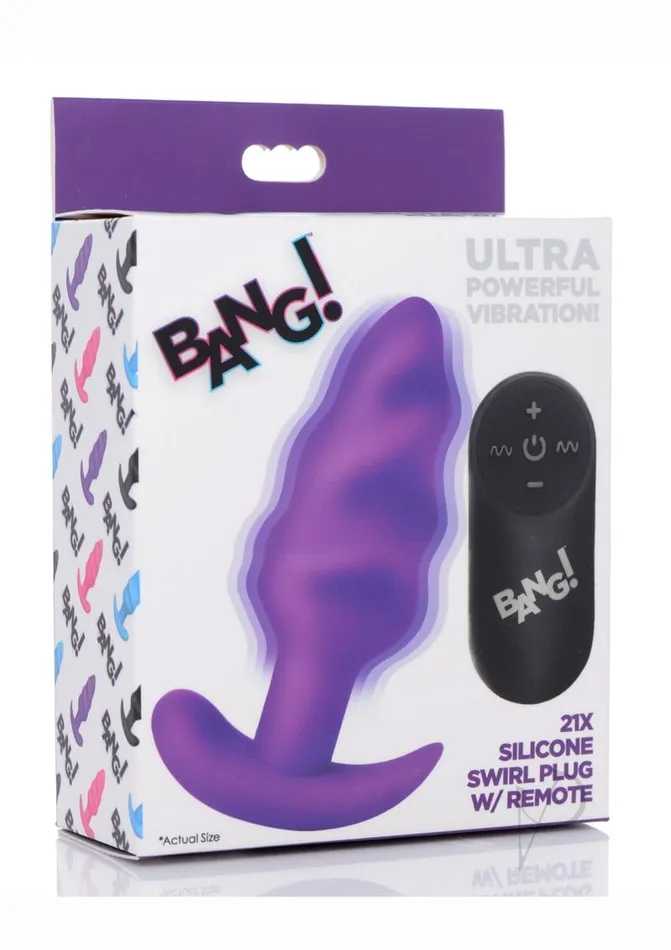 Female Sex Toys Bang Bang 21x Vibrating Silicone Rechargeable Swirl Butt Plug with Remote Control Purple Female Sex Toys Bang Bang 21x Vibrating Silicone Rechargeable Swirl Butt Plug with Remote Control Purple