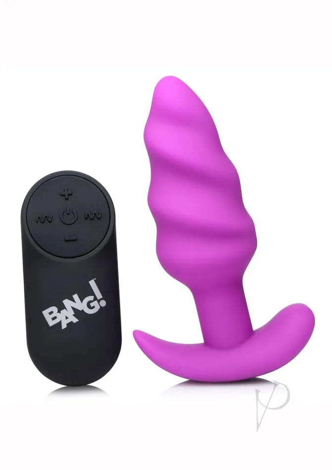 Female Sex Toys Bang Bang 21x Vibrating Silicone Rechargeable Swirl Butt Plug with Remote Control Purple