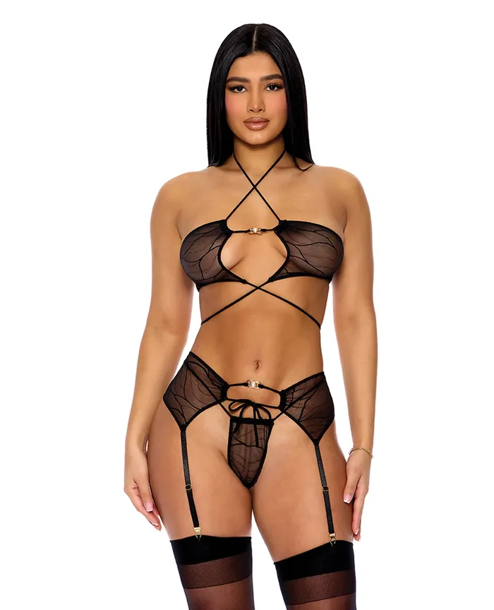 FORPLAY Female Sex Toys Pull My Strings Mesh Halterneck Bra wGarter Panty Black SM FORPLAY Female Sex Toys Pull My Strings Mesh Halterneck Bra wGarter Panty Black SM