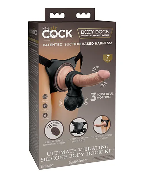 King Cock Female Sex Toys King Cock Elite Ultimate Vibrating Rechargeable Silicone Body Dock Kit with Vibrating Crown Jewels and Dildo with Remote Control 8in VanillaBlack