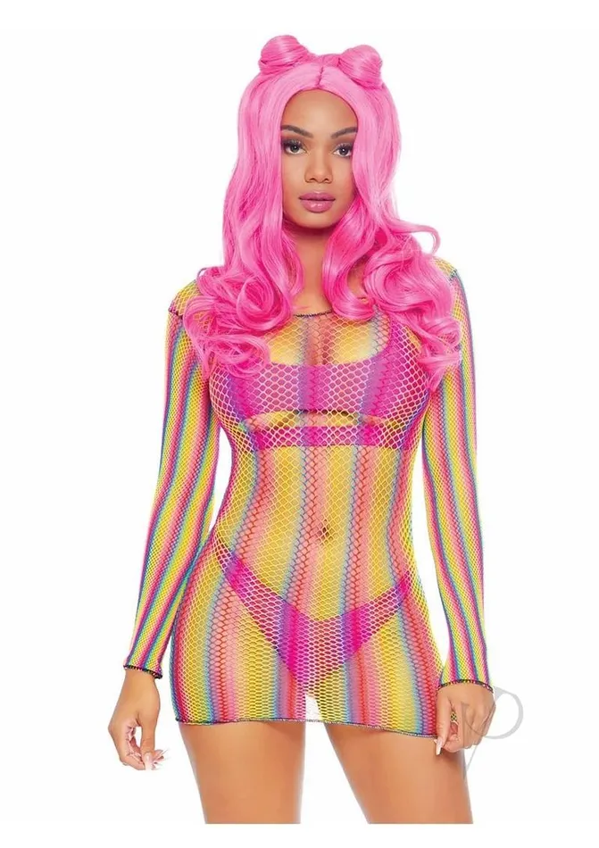 Leg Avenue Rainbow Fishnet Long Sleeve Mini Dress OS Multicolor Female Sex Toys Leg Avenue Rainbow Fishnet Long Sleeve Mini Dress OS Multicolor Female Sex Toys
