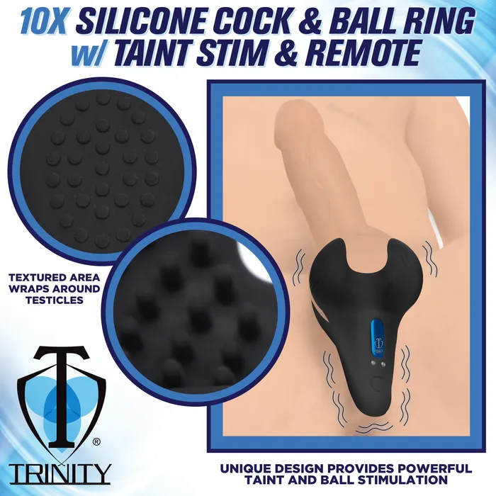 Male Sex Toys Trinity Men 10X Vibrating Silicone Cock Ring with Taint Stim and Remote