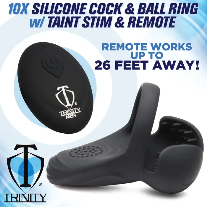 Male Sex Toys Trinity Men 10X Vibrating Silicone Cock Ring with Taint Stim and Remote