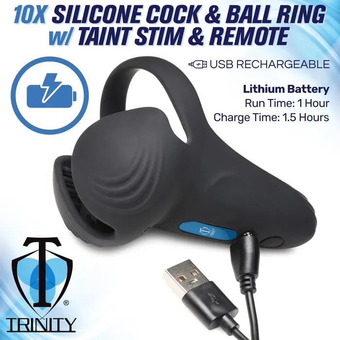 Male Sex Toys Trinity Men 10X Vibrating Silicone Cock Ring with Taint Stim and Remote