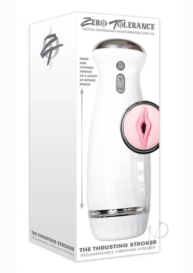 Male Sex Toys Zero Tolerance Zero Tolerance The Thrusting Stroker Rechargeable Vibrating Pussy Masturbator VanillaWhite