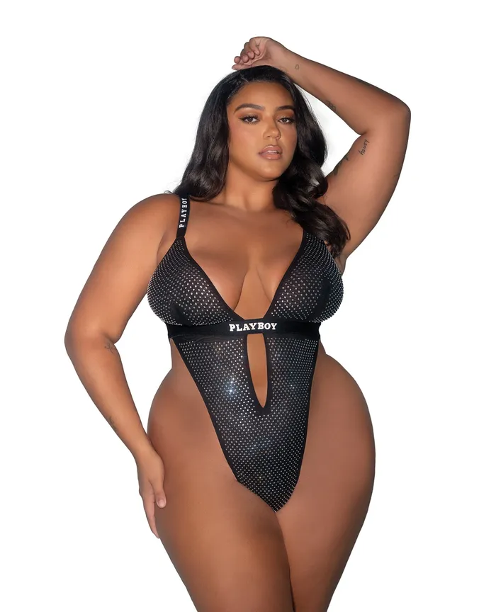 Playboy By Roma Playboy Disco Fever Rhinestone Spandex Teddy Black 2X Anal