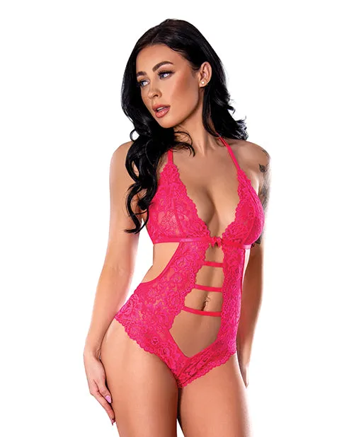 Vibrators Exposed Get It Girl Lace Halter Teddy wSnap Crotch Pink LXL