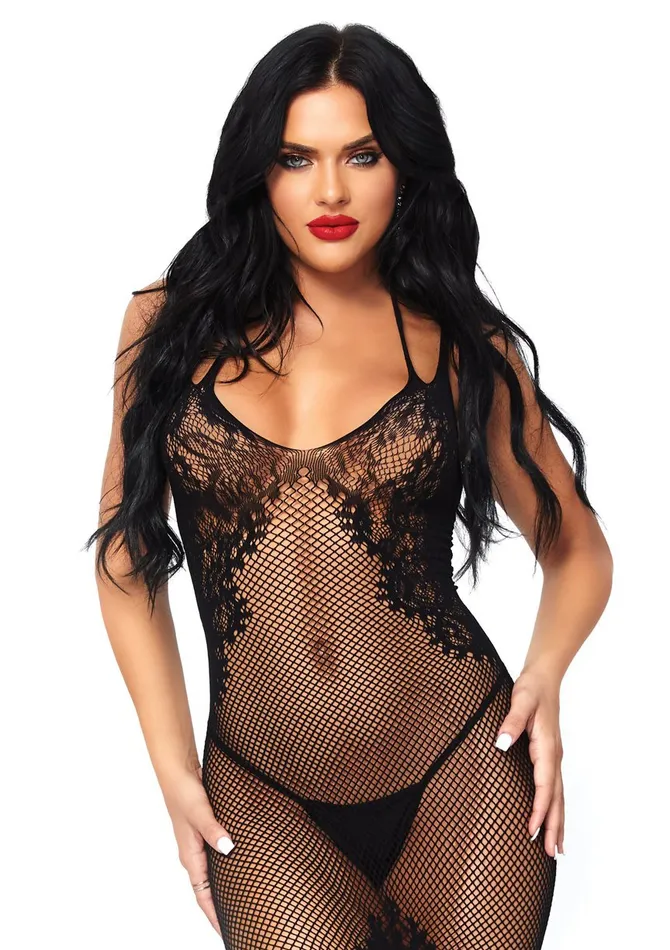Bodystockings Playsuits Leg Avenue Fishnet Halter Dress One Size Black