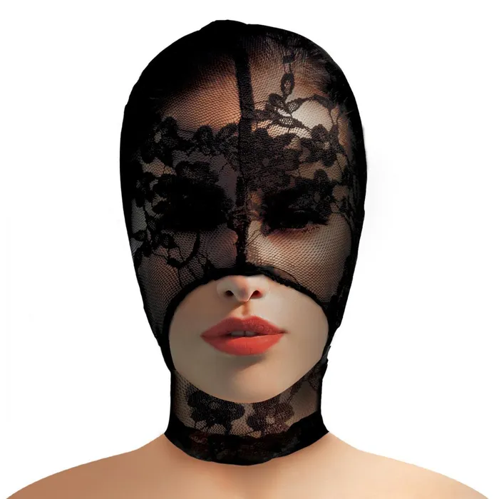 Couples XR Brands Master Series Lace Seduction Lace Bondage Hood Black