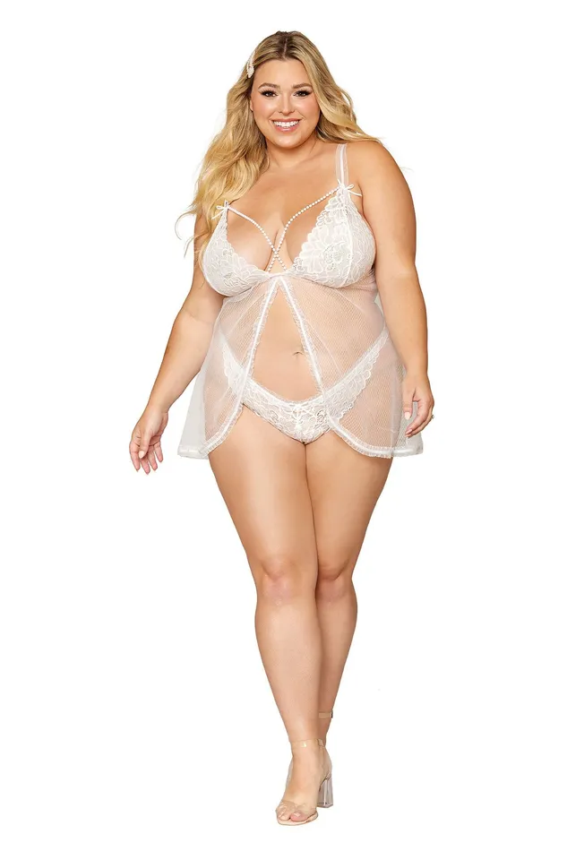Dreamgirl Male Sex Toys Babydoll and Pearl GString Queen Size White