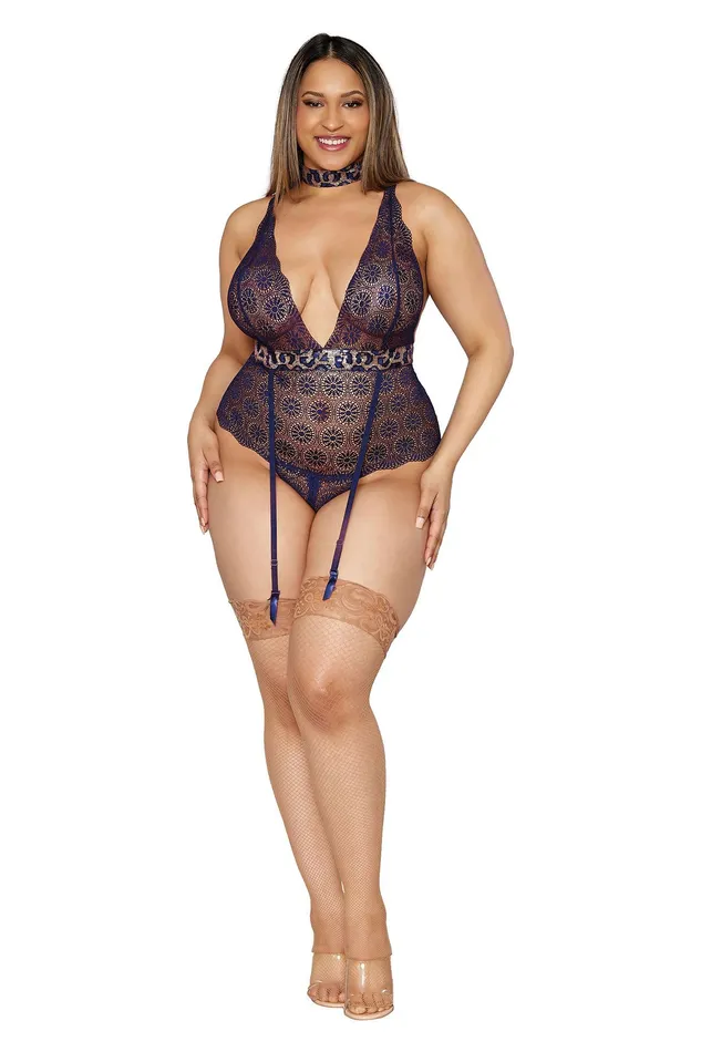 Garter Teddy and Choker Queen Size Nocturnal Blue Dreamgirl Vibrators