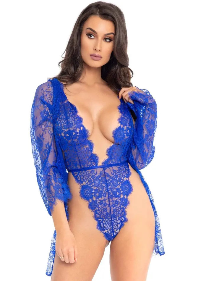 Leg Avenue 3pc Lace Teddy and Robe Set Royal Blue Large Vibrators