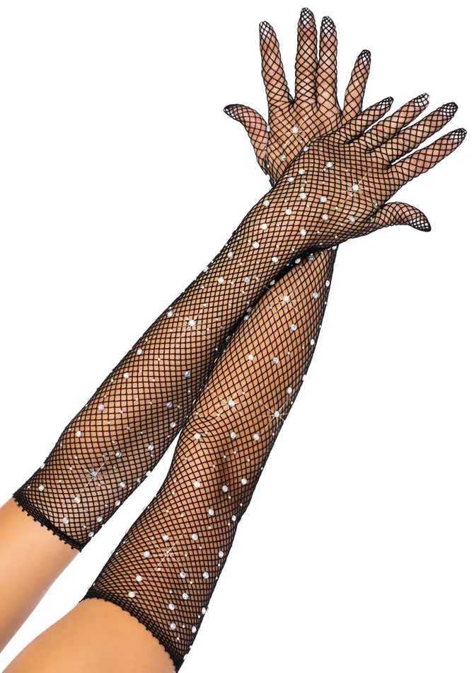 Leg Avenue Anal Rhinestone Fishnet Long Gloves Black