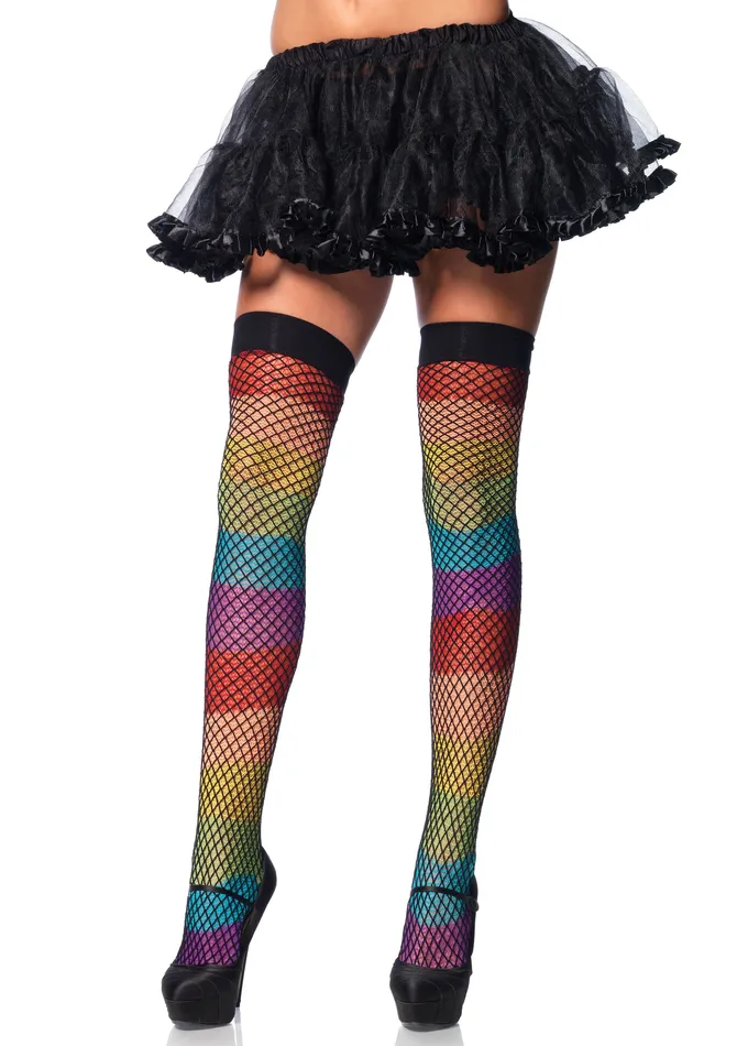 Leg Avenue Female Sex Toys Rainbow Thigh Highs With Fishnet Overlay One Size