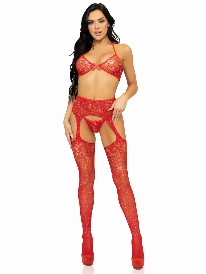 Leg Avenue Vibrators 3 Pc Rhinestone Bra Top GString and Garter Belt Stockings One Size Red Leg Avenue Vibrators 3 Pc Rhinestone Bra Top GString and Garter Belt Stockings One Size Red
