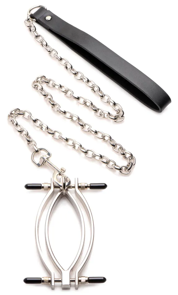 Pussy Tugger Adjustable Pussy Clamp With Leash Silver XR Brands Master Series Male Sex Toys Pussy Tugger Adjustable Pussy Clamp With Leash Silver XR Brands Master Series Male Sex Toys