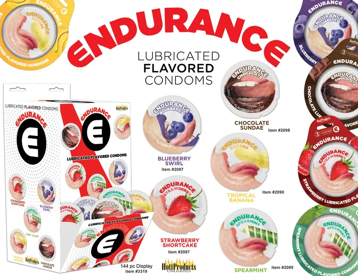 Vibrators Hott Products Endurance Condoms 144 Count Wall Mount Display Assorted Flavors