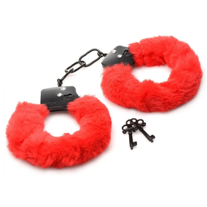 XR Brands Master Series Cuffed in Fur Furry Handcuffs Red Vibrators